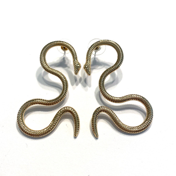 Gold Snake Shaped Pierced Earrings Fashion Statement Long Goth Wicken Jewelry - Picture 3 of 5